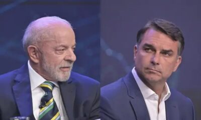 Luiz Inácio Lula da Silva e Flávio Bolsonaro em tela dividida durante debate político.
