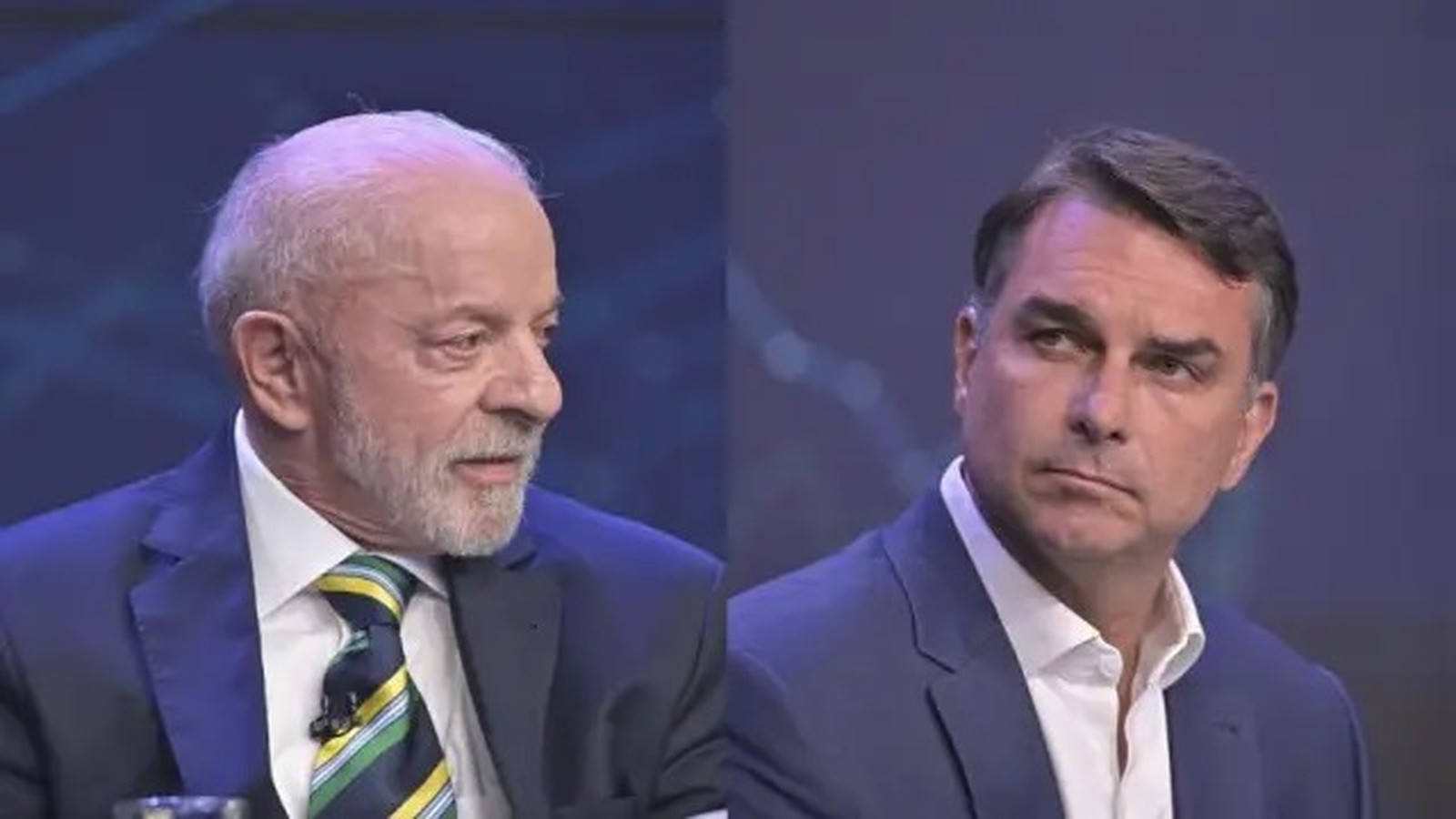 Luiz Inácio Lula da Silva e Flávio Bolsonaro em tela dividida durante debate político.