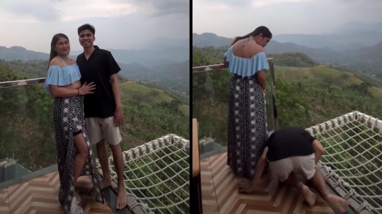 Jovem casal em varanda. Homem ajoelhado no chão de rede, mulher olha para baixo com montanhas ao fundo