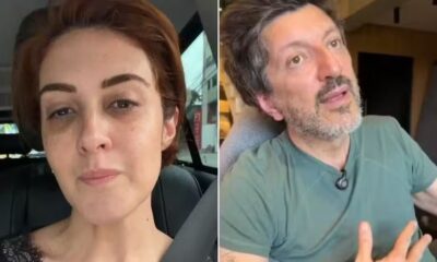 Na imagem dividida, mulher de cabelo avermelhado à esquerda e homem barbudo de camisa verde à direita