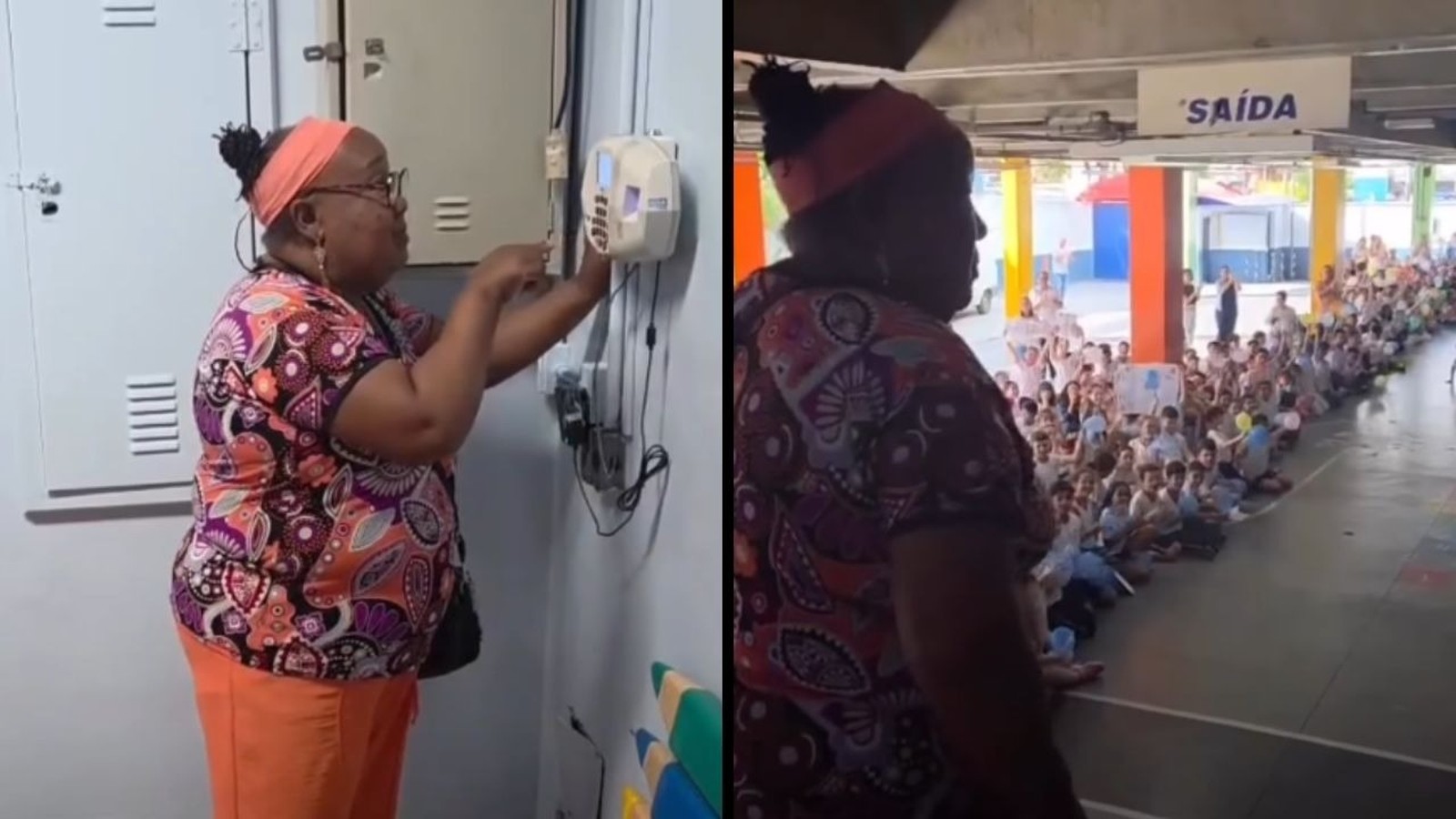 Mulher de óculos na escola, à esquerda manipulando aparelho, à direita diante de alunos sentados no chão