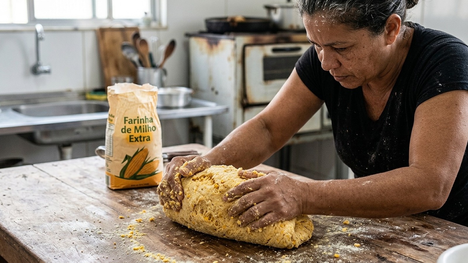Mulher sova massa de pão de milho em mesa de madeira rústica, saco de farinha visível