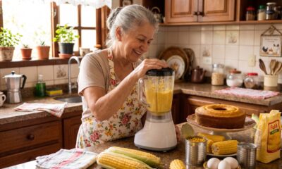 Mulher idosa sorri preparando bolo de fubá no liquidificador, com milho e ingredientes na bancada