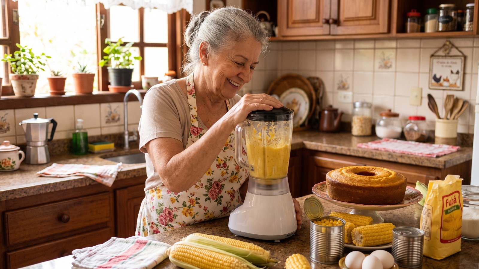 Mulher idosa sorri preparando bolo de fubá no liquidificador, com milho e ingredientes na bancada