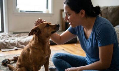 Mulher sentada no chão acaricia um cachorro marrom que a olha com carinho