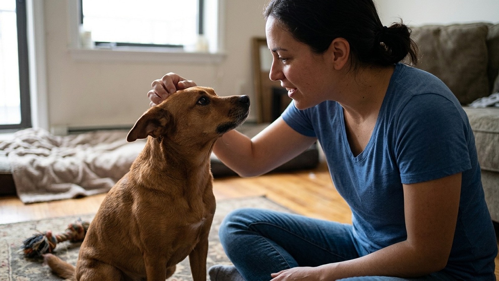 Mulher sentada no chão acaricia um cachorro marrom que a olha com carinho