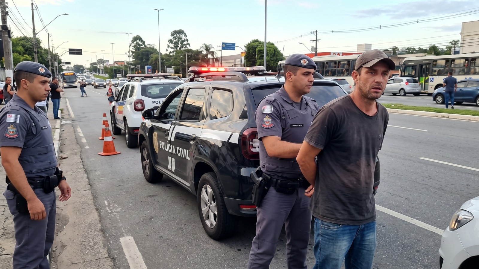Homem com boné sendo detido por policial militar ao lado de viaturas e cones na rua