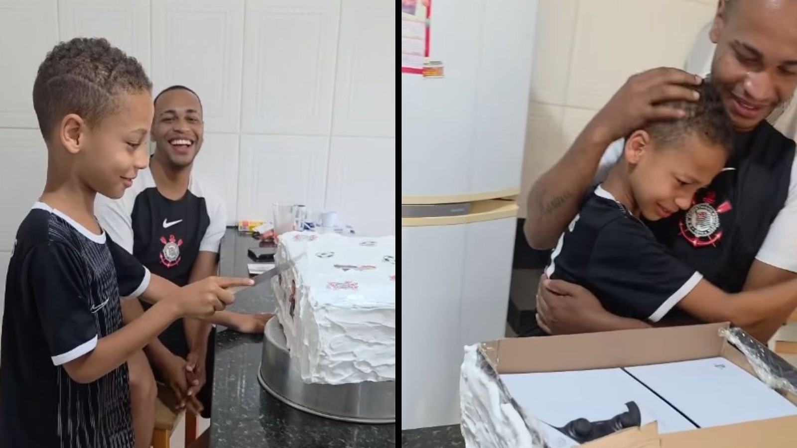 Menino tenta cortar bolo, depois chora abraçado ao pai com PlayStation 5 em caixa