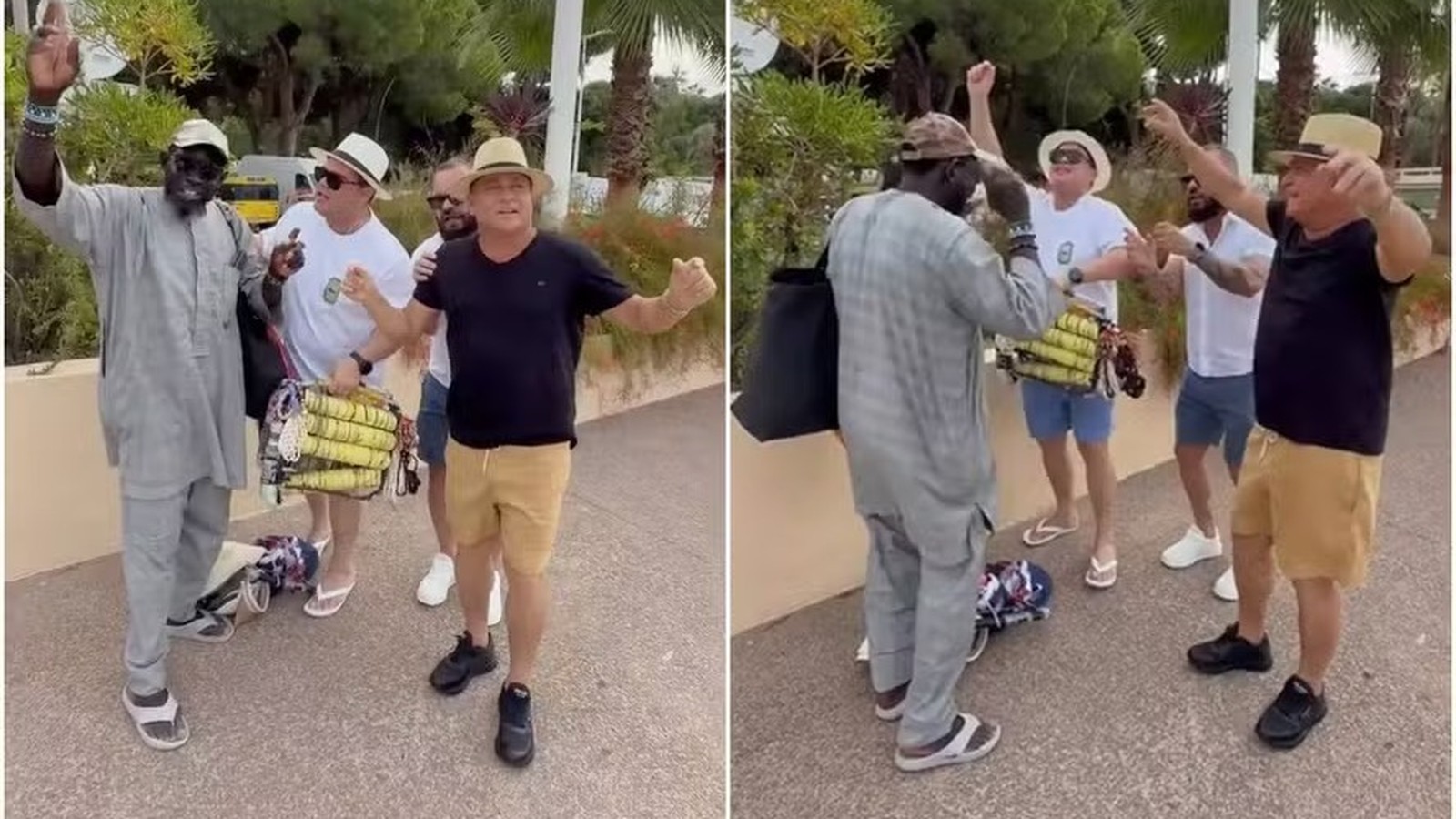 Cantor Leonardo e três homens dançam e gesticulam em rua, ao lado de carrinho de vendas