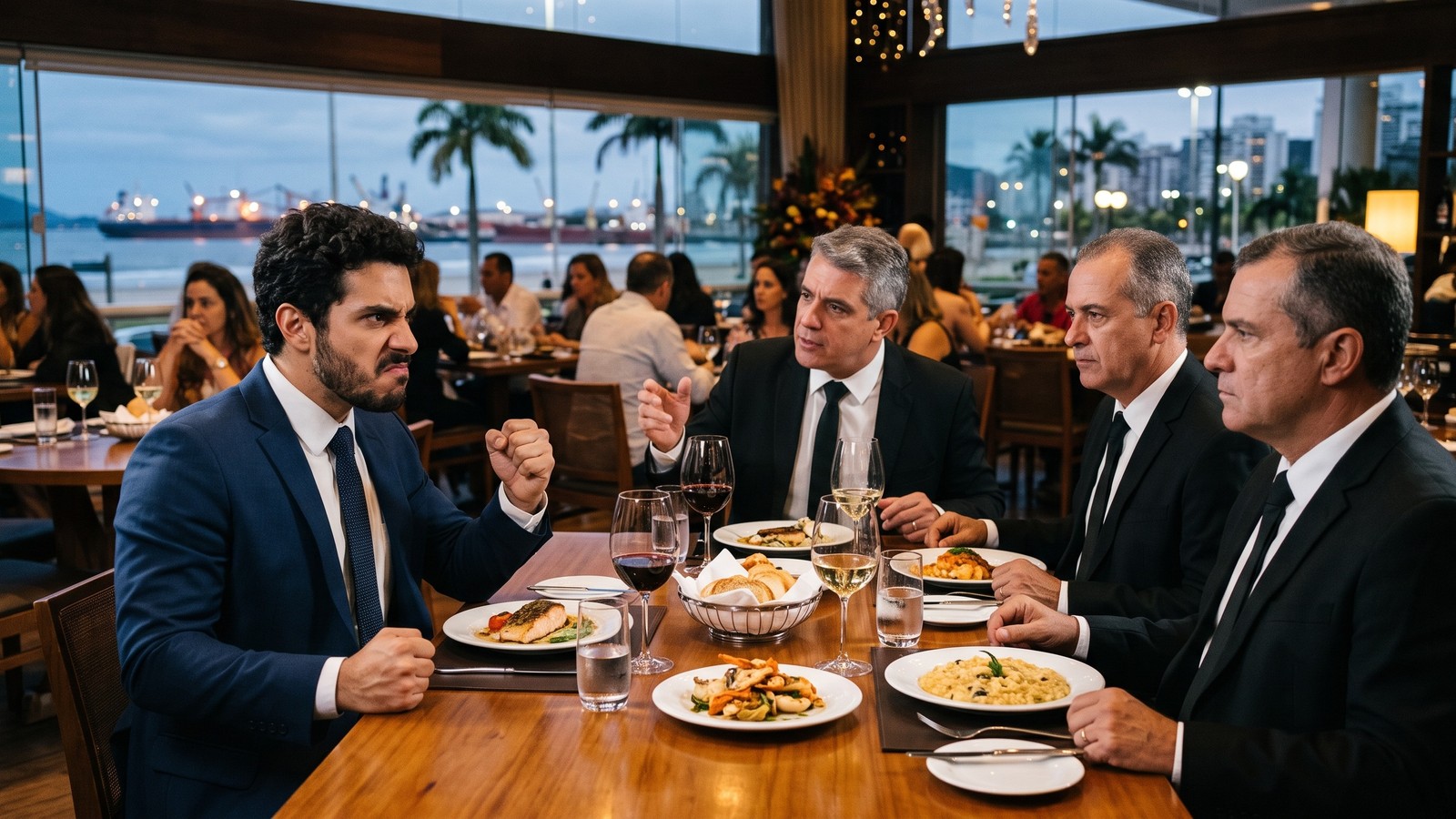 Quatro homens de terno em restaurante. Um deles com rosto zangado e punhos cerrados