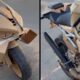 Motocicleta sport com carenagem e detalhes feitos de papelão, estacionada em via pública