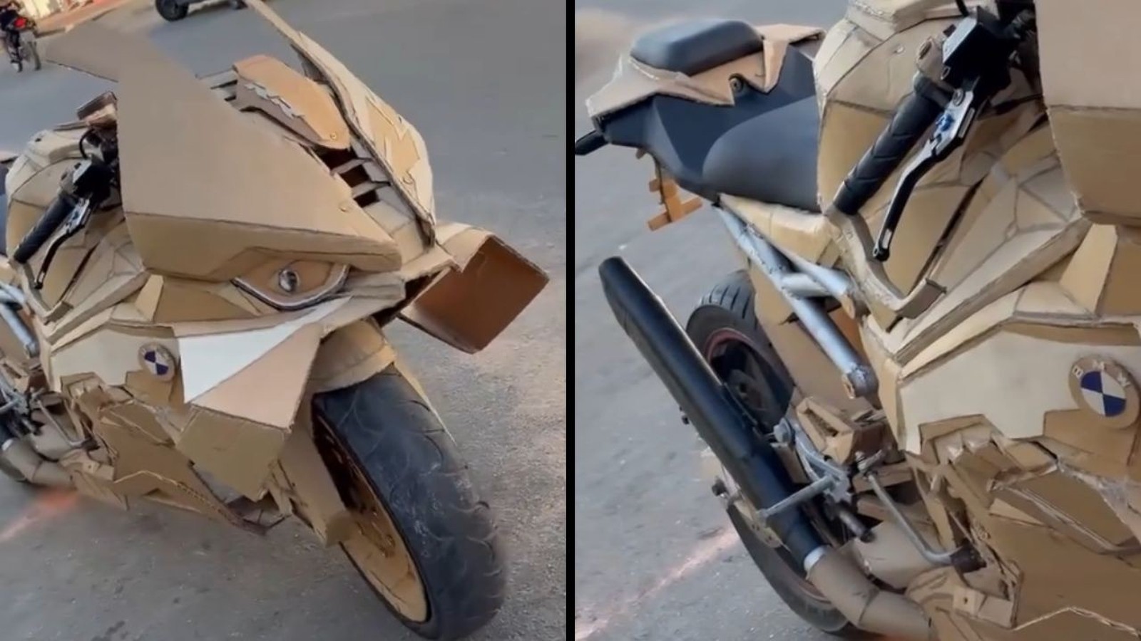 Motocicleta sport com carenagem e detalhes feitos de papelão, estacionada em via pública