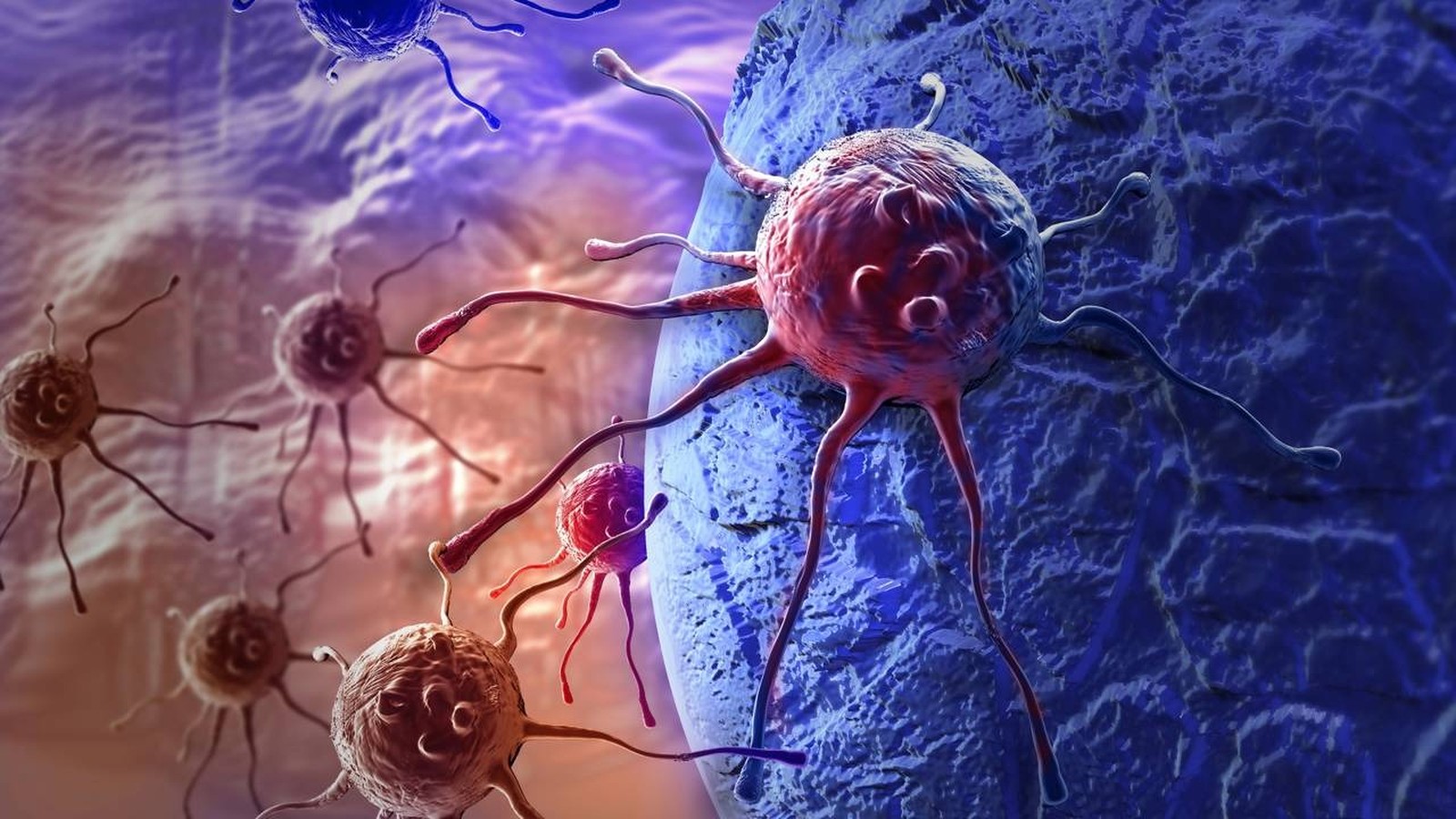Representação 3D de múltiplas células cancerígenas com projeções, em tons de vermelho e azul