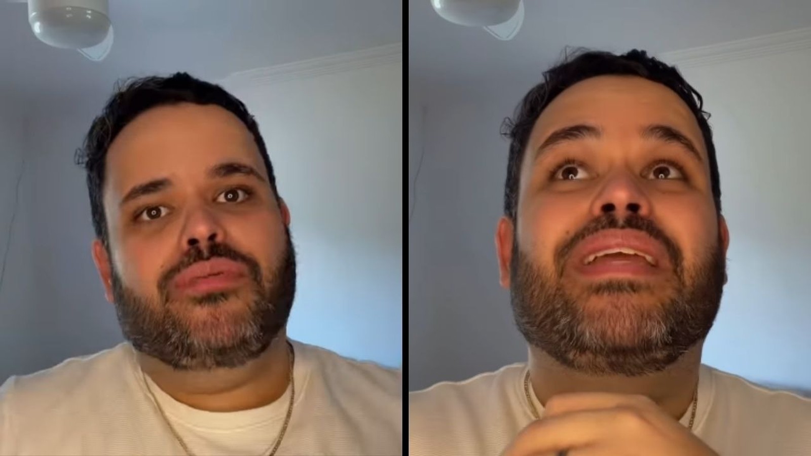Ex-BBB Michel, homem barbudo, em duas fotos com expressões de desabafo e reflexão