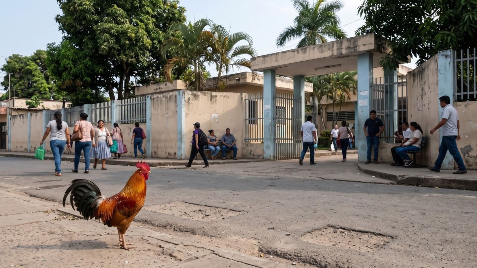 Galo colorido na rua em frente a um hospital com pessoas andando e sentadas