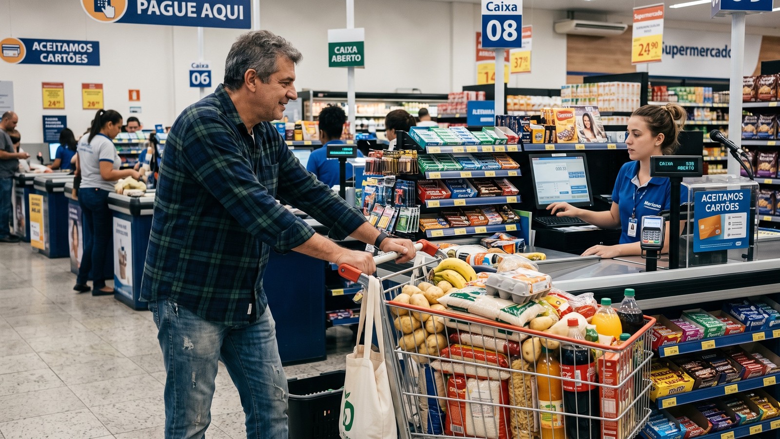 Homem sorridente empurra carrinho de compras lotado para caixa de supermercado com atendente mulher