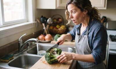 Mulher com expressão surpresa cortando brócolis com parte interna escura na cozinha