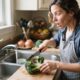 Mulher com expressão surpresa cortando brócolis com parte interna escura na cozinha