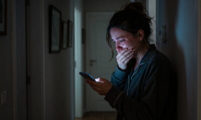 Mulher em pijama, chorando, cobrindo a boca, olhando celular em corredor escuro