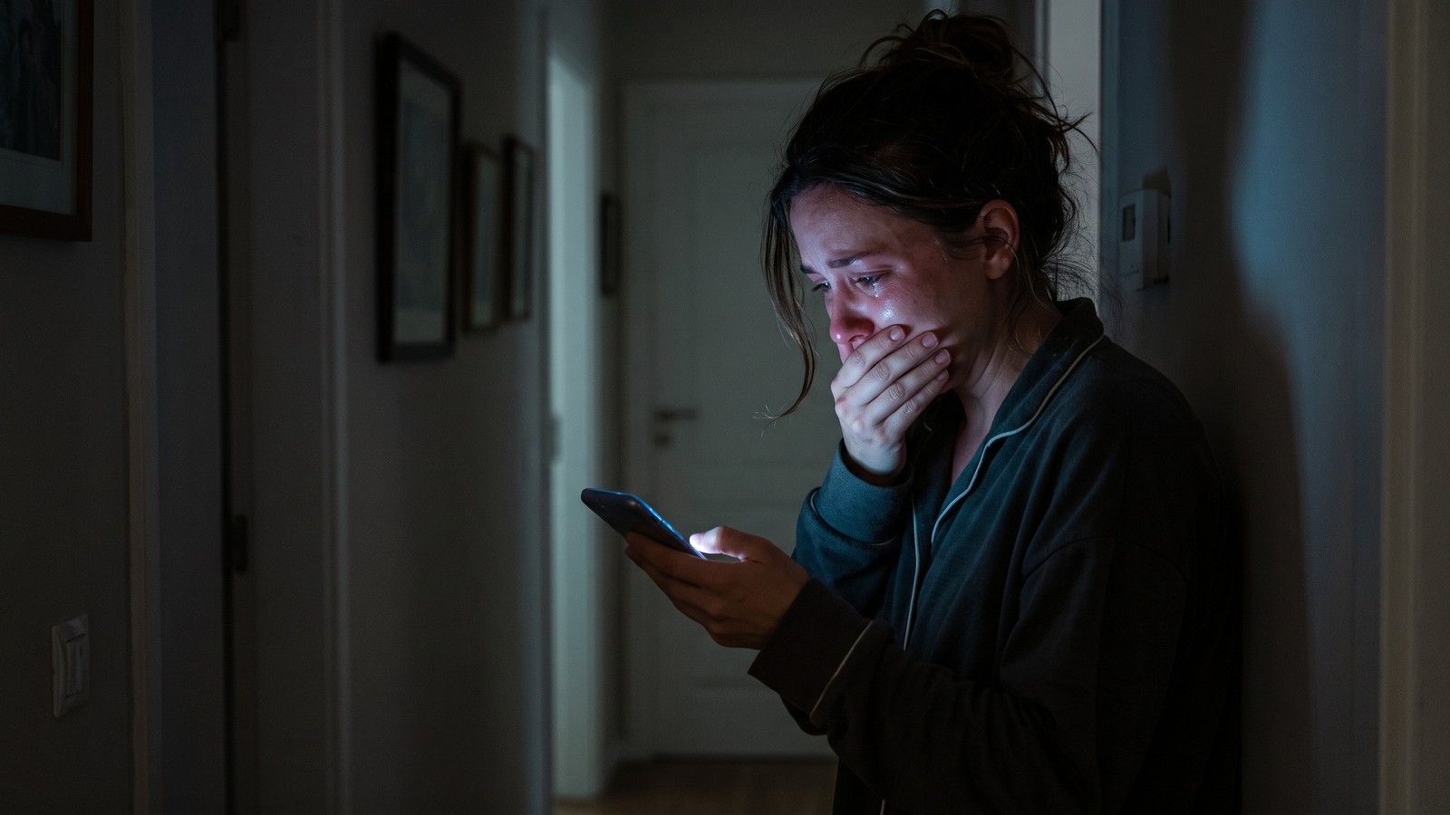 Mulher em pijama, chorando, cobrindo a boca, olhando celular em corredor escuro