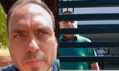 Colagem: rosto de Carlos Bolsonaro sério e Jair Bolsonaro de camisa verde atrás de grades