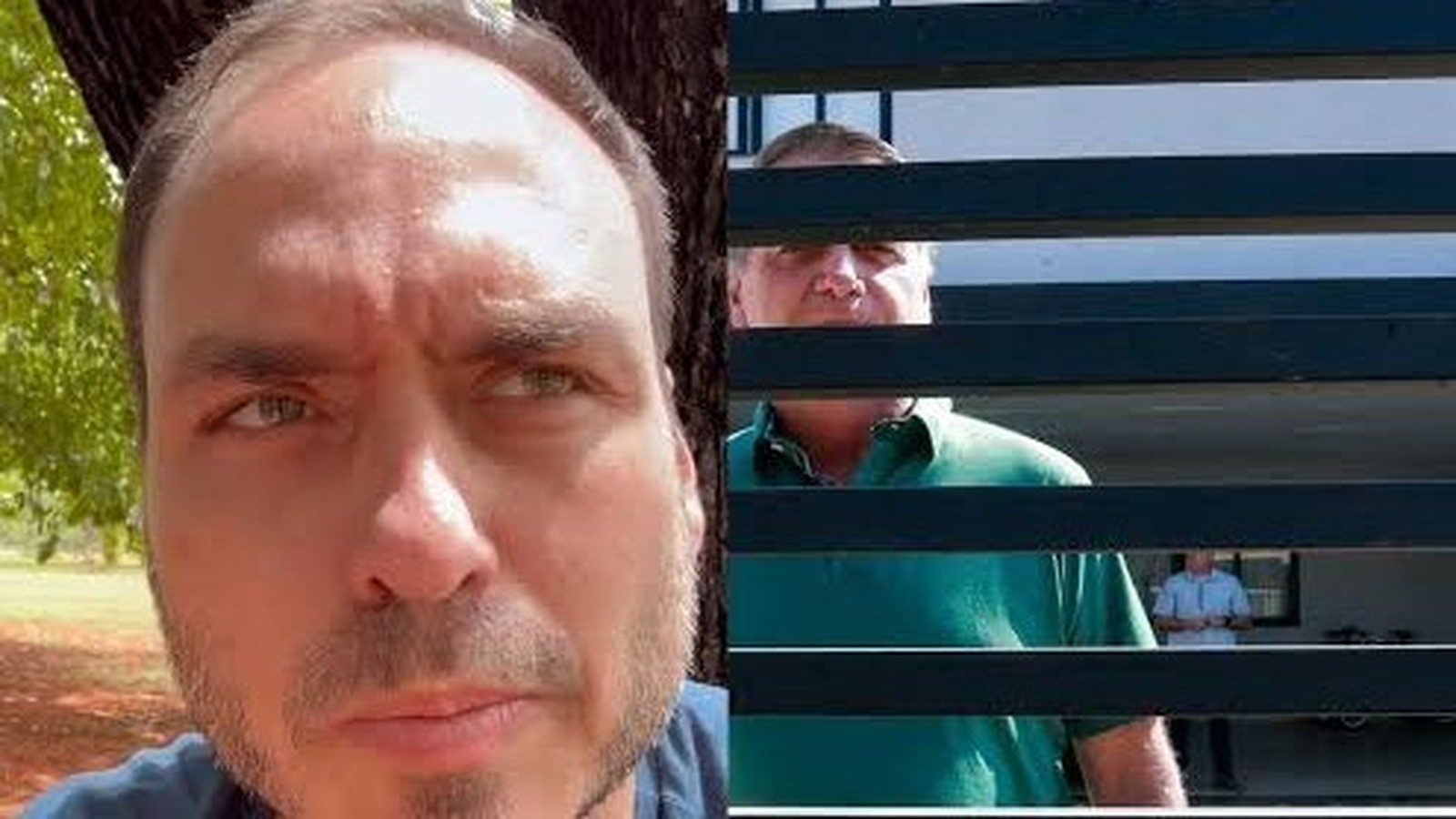 Colagem: rosto de Carlos Bolsonaro sério e Jair Bolsonaro de camisa verde atrás de grades