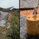 Casa destruída por vendaval e estatueta intacta de Nossa Senhora sobre madeira e destroços