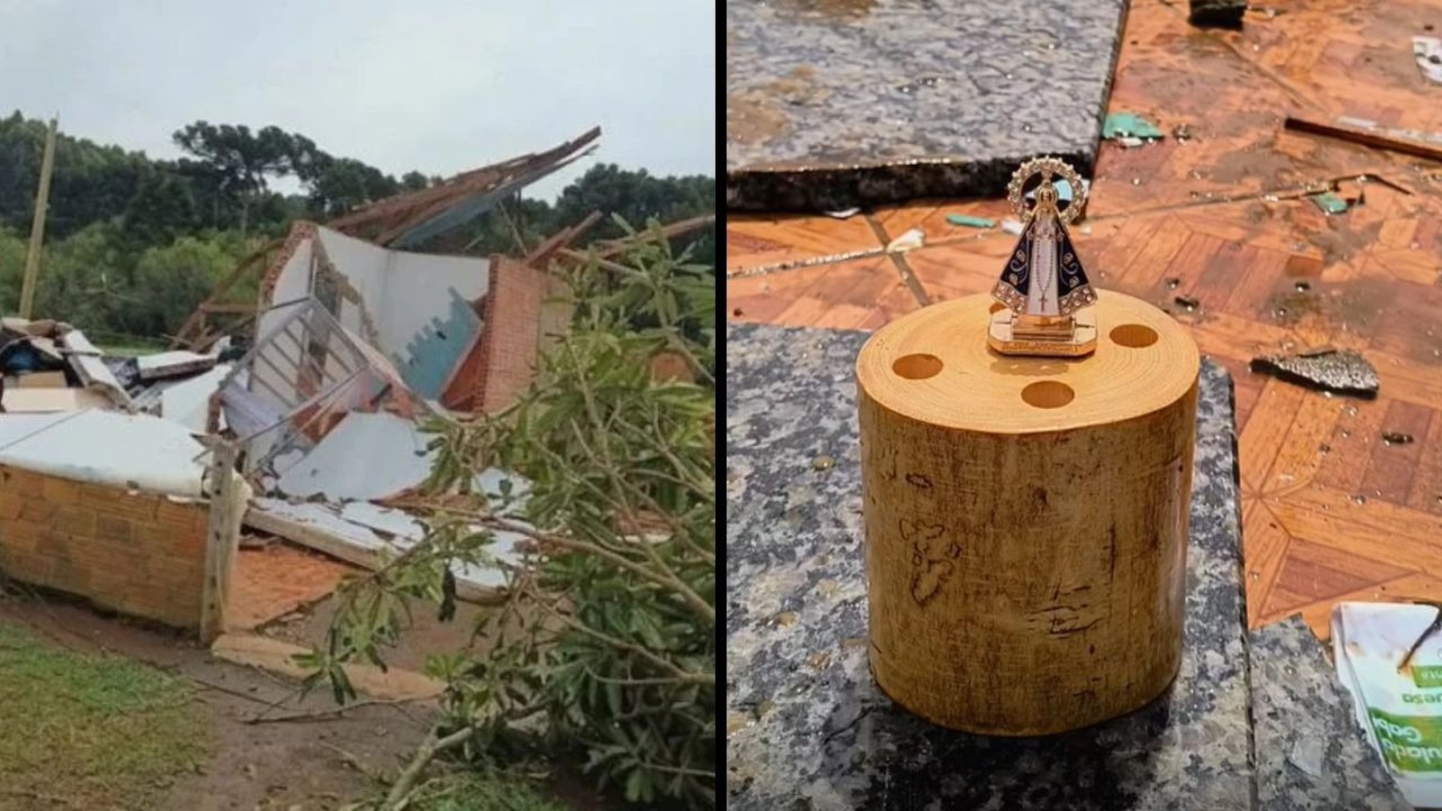 Casa destruída por vendaval e estatueta intacta de Nossa Senhora sobre madeira e destroços