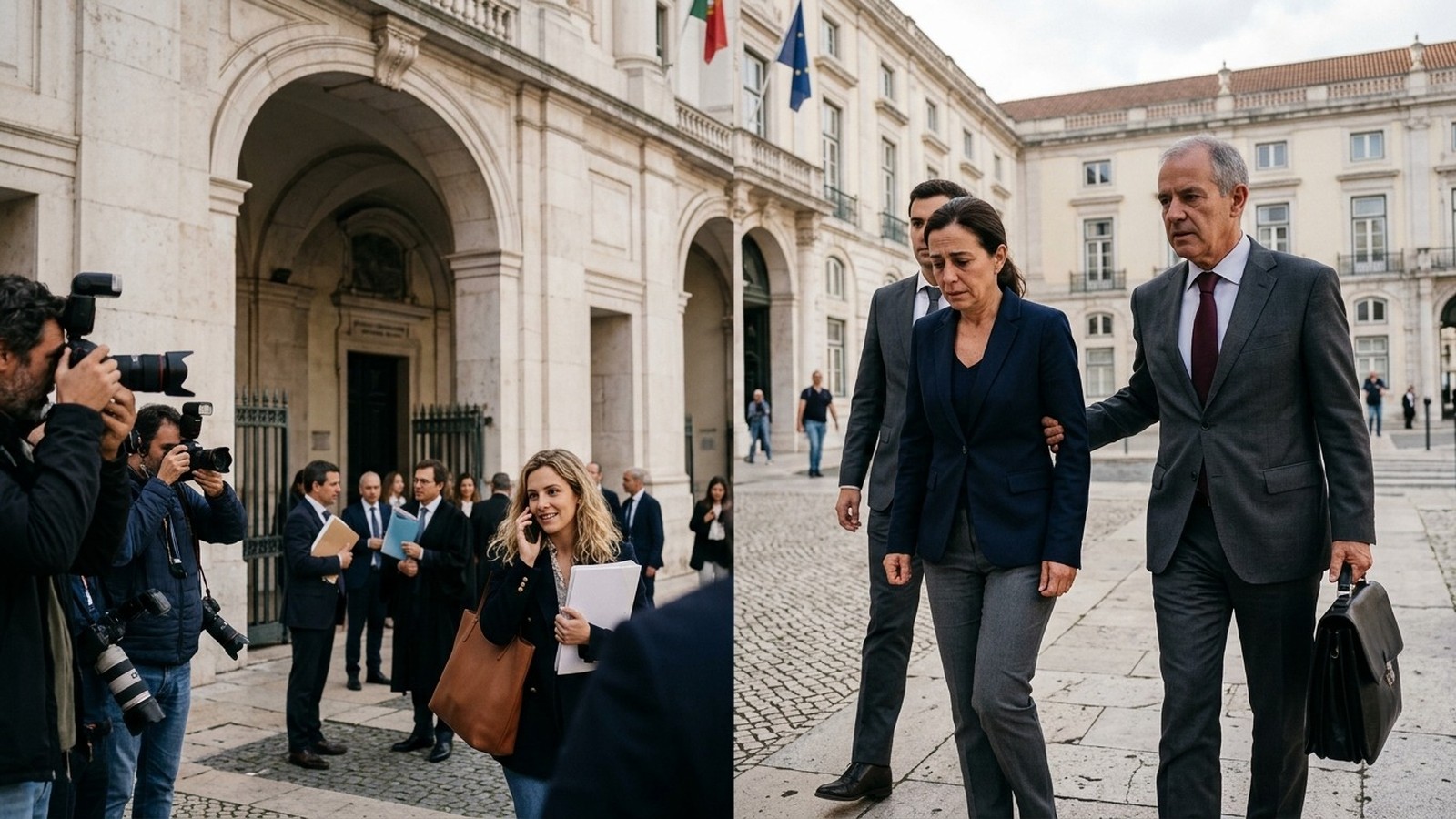 Fotógrafos registram pessoas em frente a prédio; mulher ao telefone, outra triste amparada