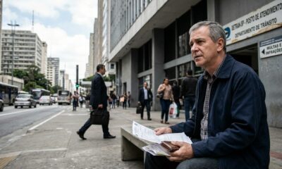 Homem de meia-idade sentado em banco com documentos, ao lado de placa 'DETRAN-SP MULTAS E INFRAÇÕES'