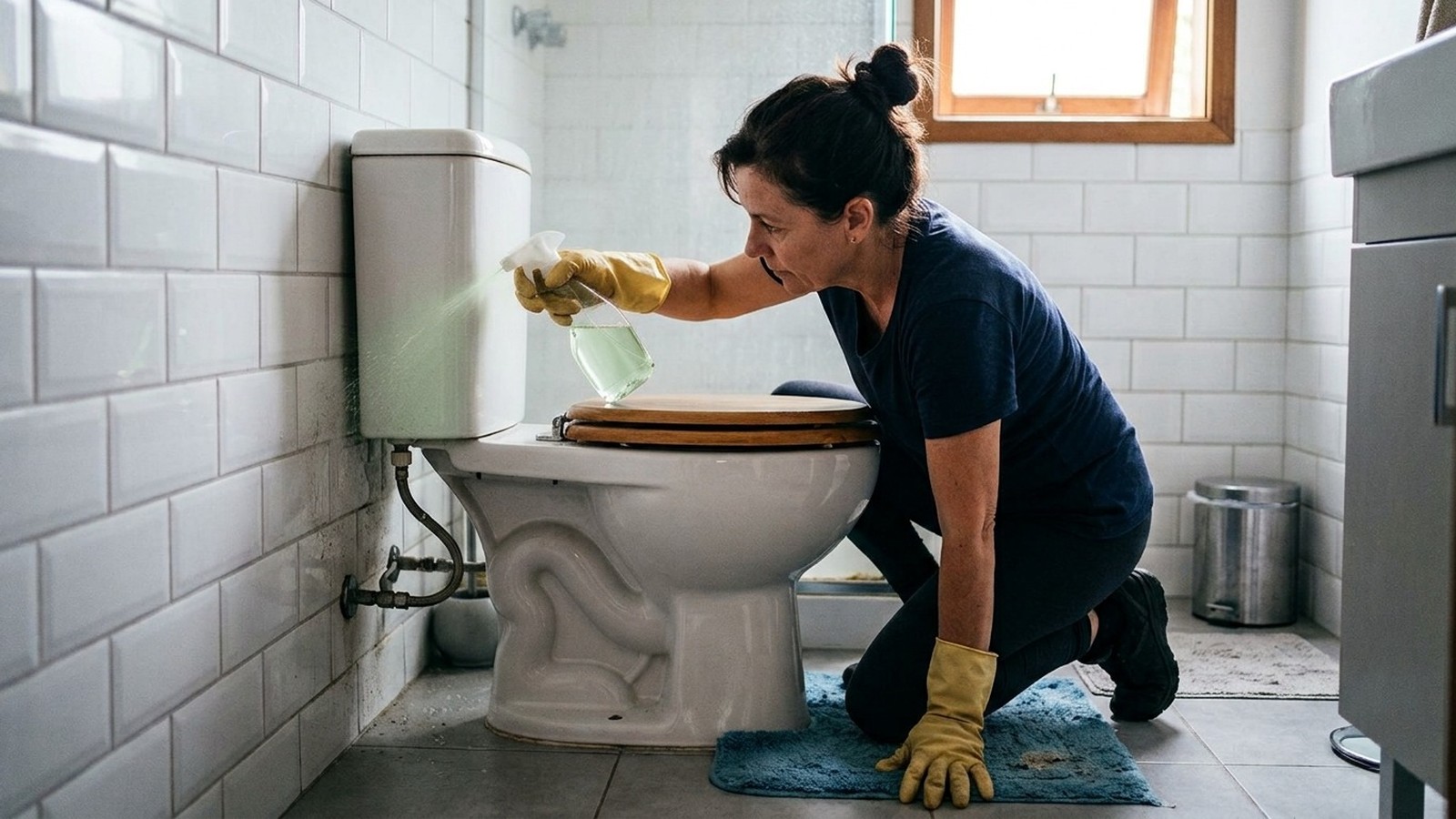 Mulher de luvas amarelas borrifa produto de limpeza na parte de trás de um vaso sanitário