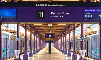 Plataforma de estação de trem com display digital indicando Belford Roxo, dois trens