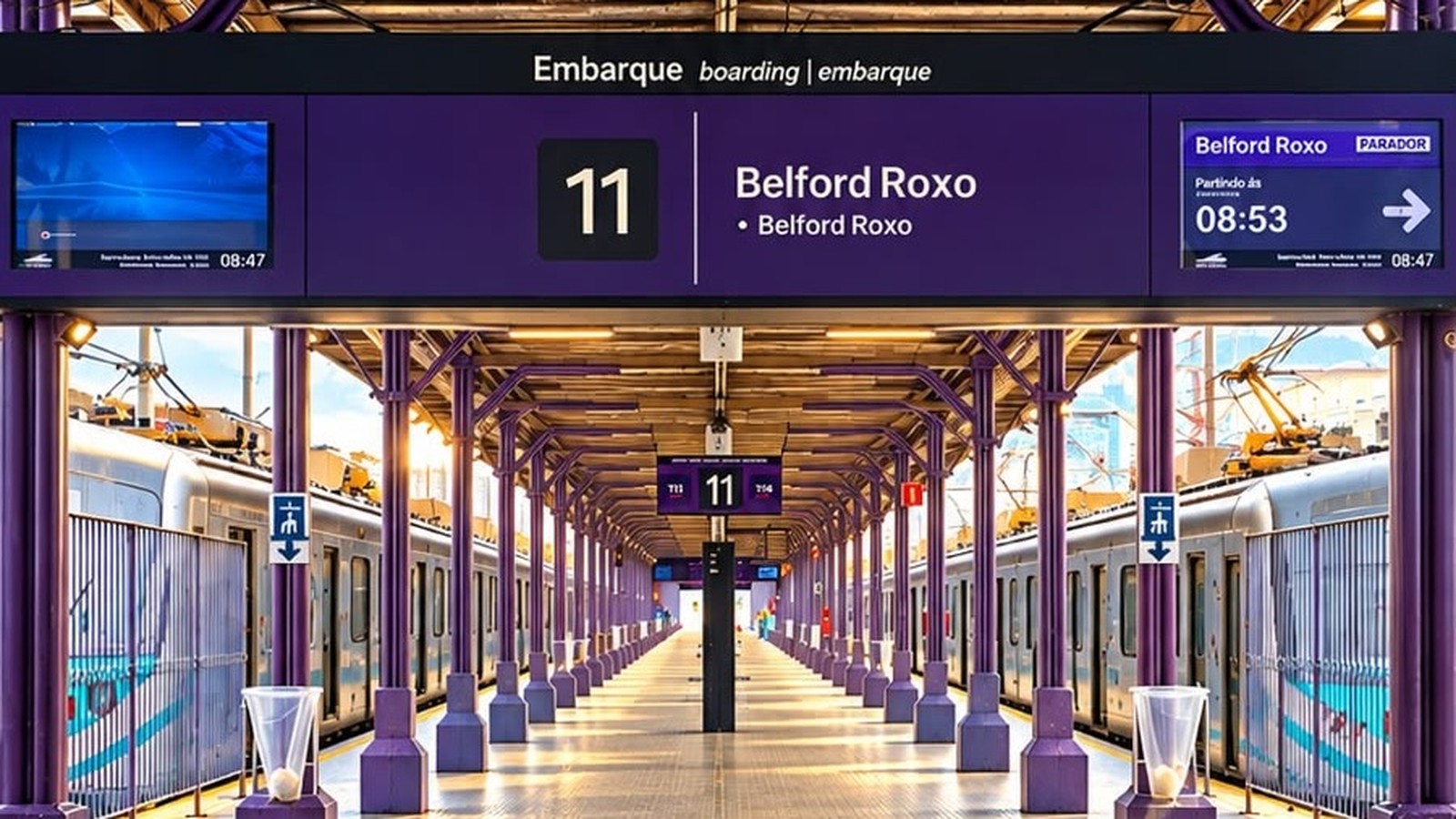 Plataforma de estação de trem com display digital indicando Belford Roxo, dois trens