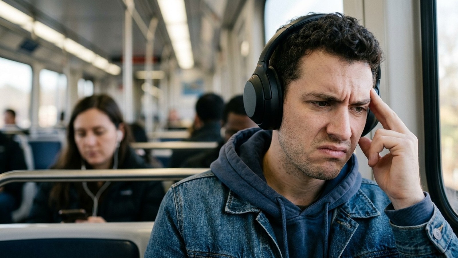 Homem com fones de ouvido, testa franzida, mão na têmpora, em um trem