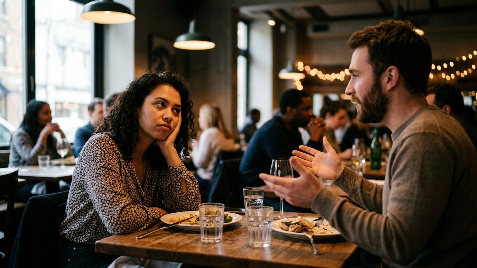 Mulher com rosto apoiado na mão parece entediada, enquanto homem fala em restaurante