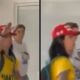 Duas imagens: mulher de camisa amarela, boné, mochila, fazendo saudação nazista. Fundo com letreiro 'IHS'