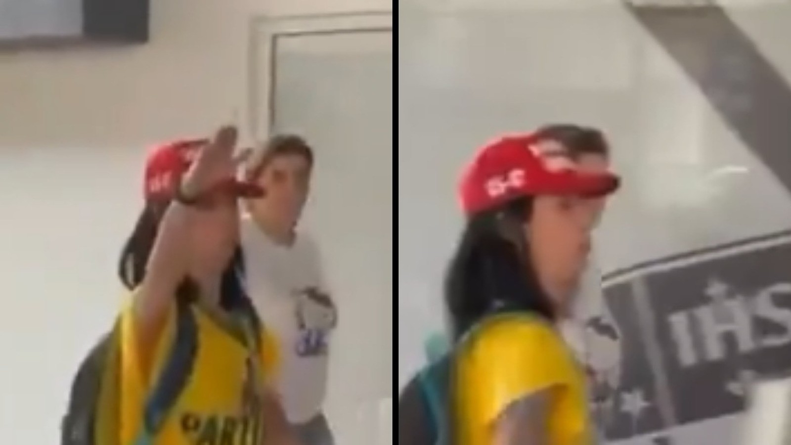 Duas imagens: mulher de camisa amarela, boné, mochila, fazendo saudação nazista. Fundo com letreiro 'IHS'
