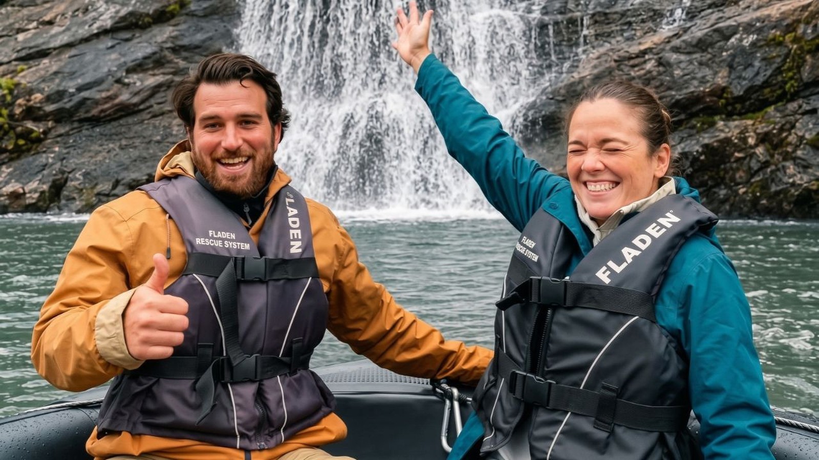 Duas pessoas sorrindo em um barco com coletes salva-vidas, cachoeira ao fundo