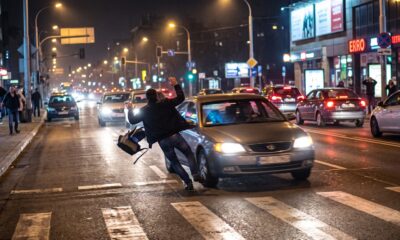 Homem inclinado, mochila voando, perto de carro em faixa de pedestres, rua molhada à noite