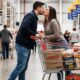 Jovem casal se beija em corredor de supermercado, apoiados em carrinho de compras com produtos