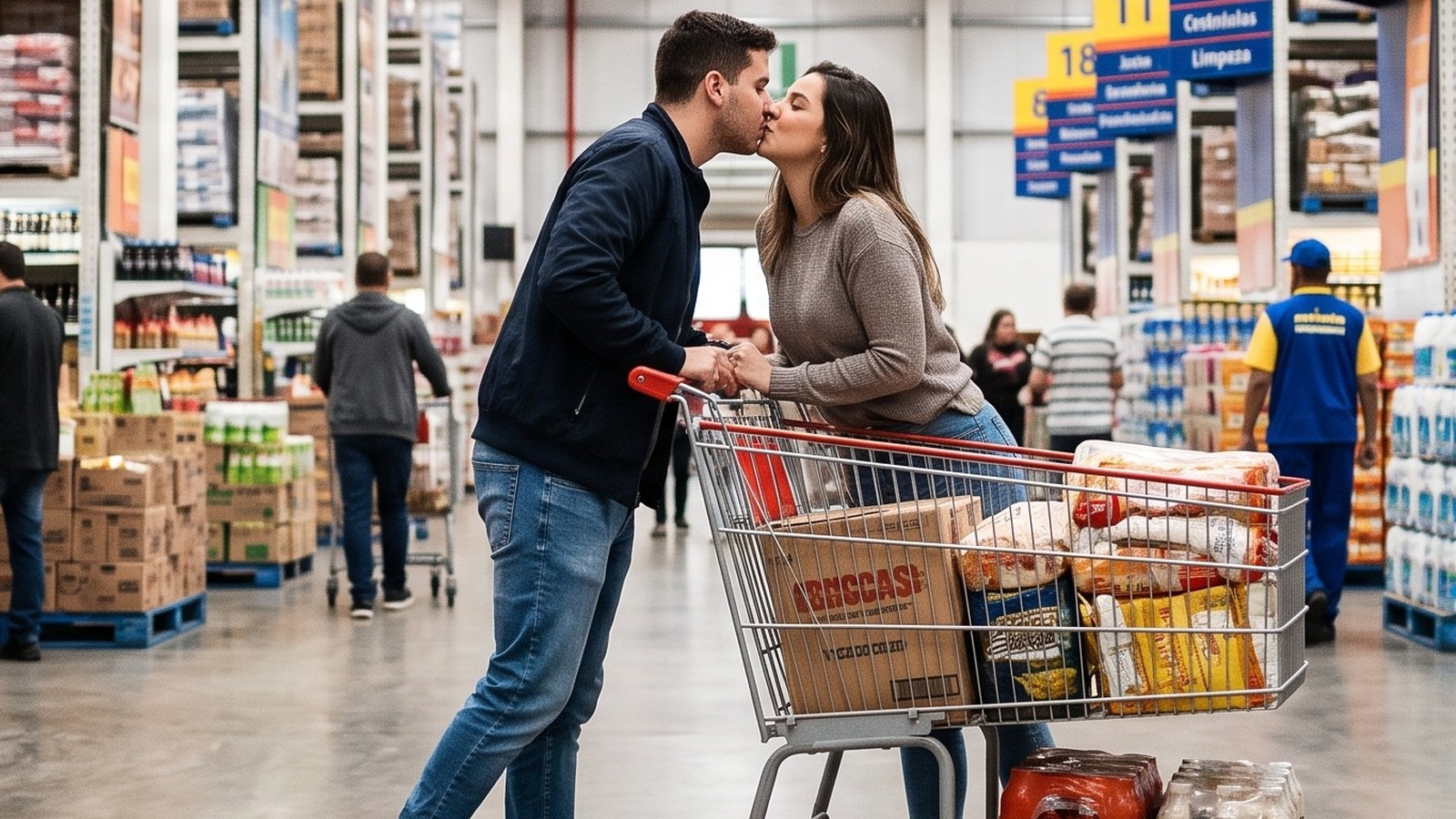 Jovem casal se beija em corredor de supermercado, apoiados em carrinho de compras com produtos