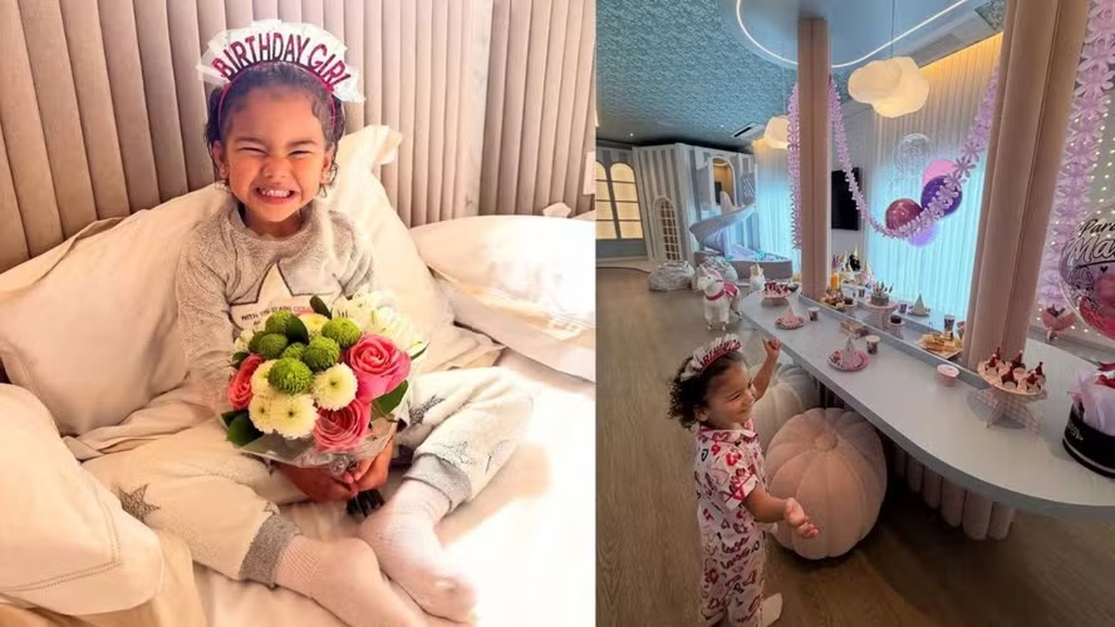 Mavie sorrindo com tiara "Birthday Girl", buquê de flores e em festa de pijama decorada