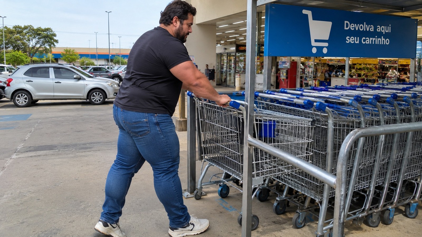 Homem forte devolve carrinho de compras; placa azul 'Devolva aqui seu carrinho' visível