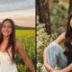 Jovens mulheres sorrindo, uma em campo de flores amarelas, outra sentada em ambiente natural