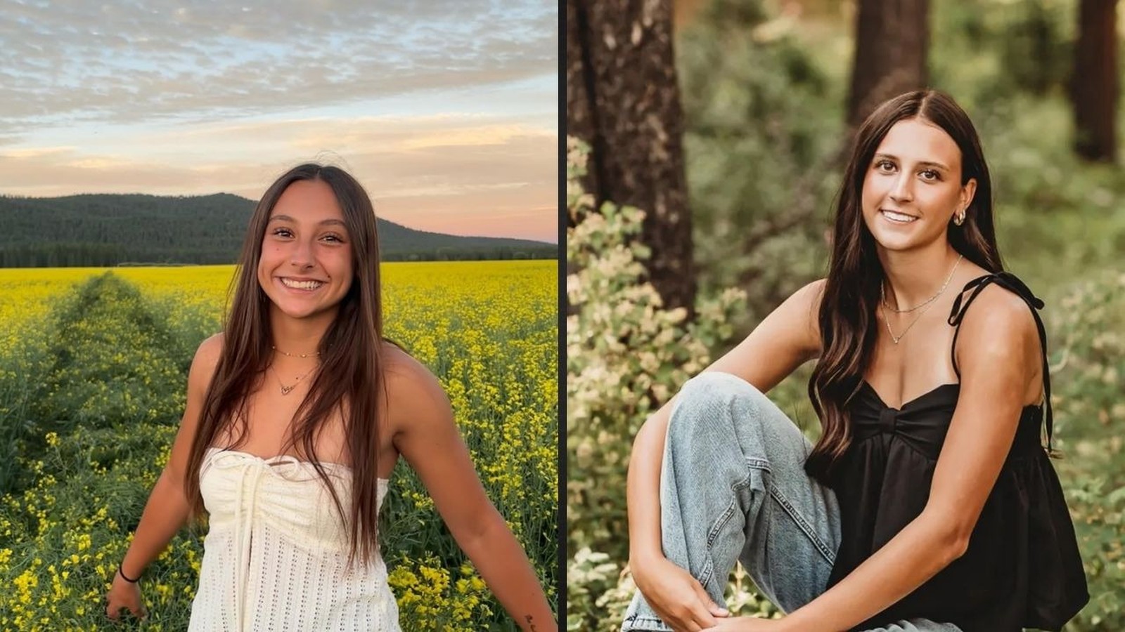 Jovens mulheres sorrindo, uma em campo de flores amarelas, outra sentada em ambiente natural