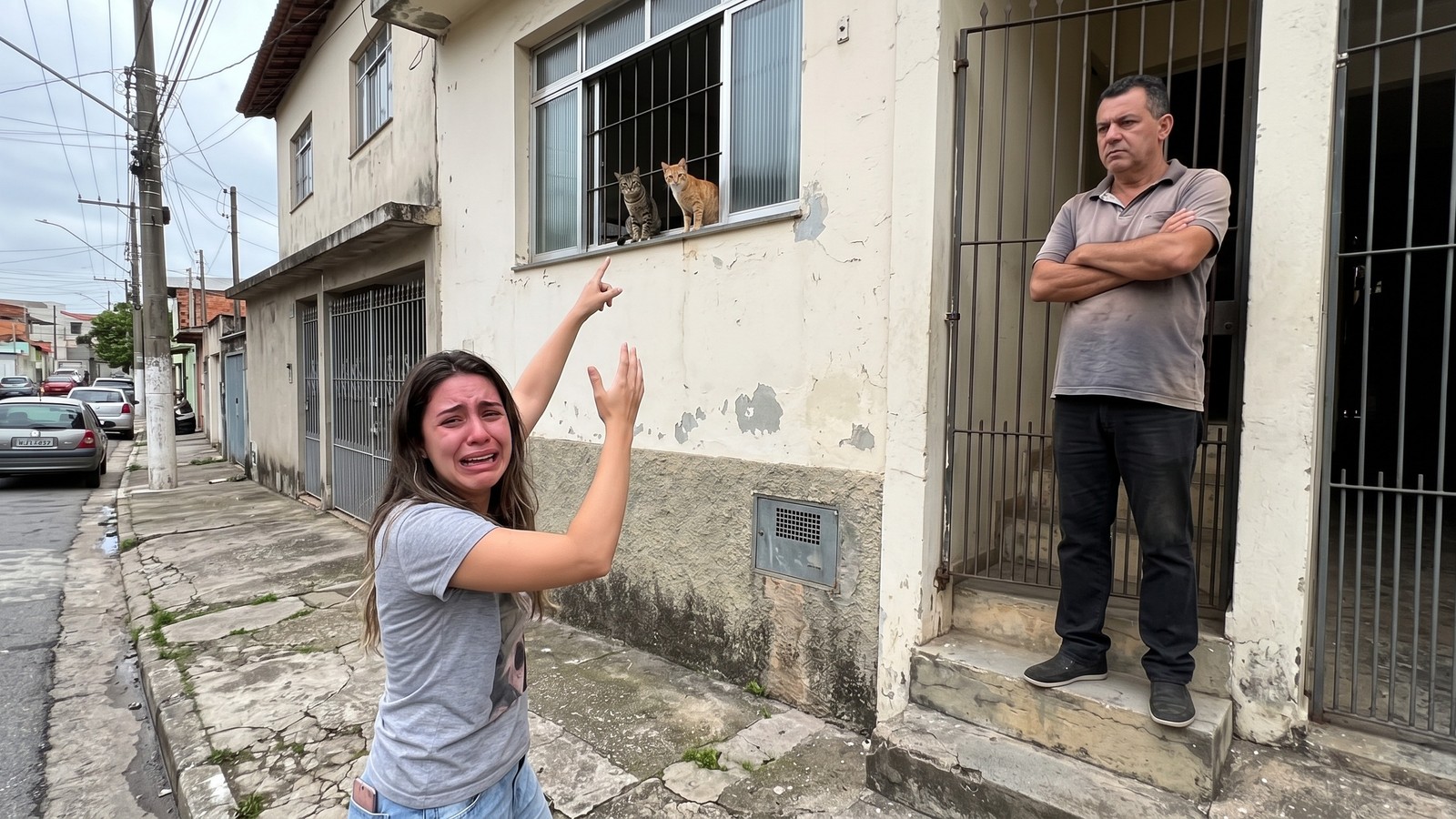 Mulher chorando aponta para gatos em janela, homem bloqueia entrada