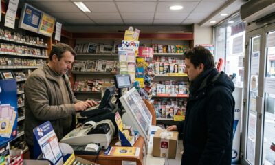 Funcionário e cliente em loja francesa com displays da loteria e produtos de tabaco