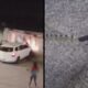 Imagem dividida: carro branco batido em muro com chamas, revólver e munições em chão
