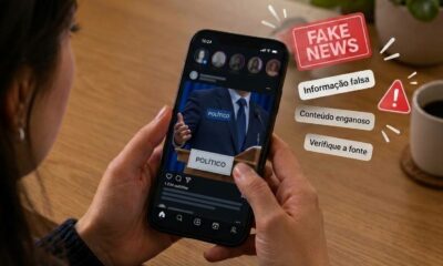 Mãos seguram celular com post de 'POLÍTICO' e alertas 'FAKE NEWS', 'Informação falsa'