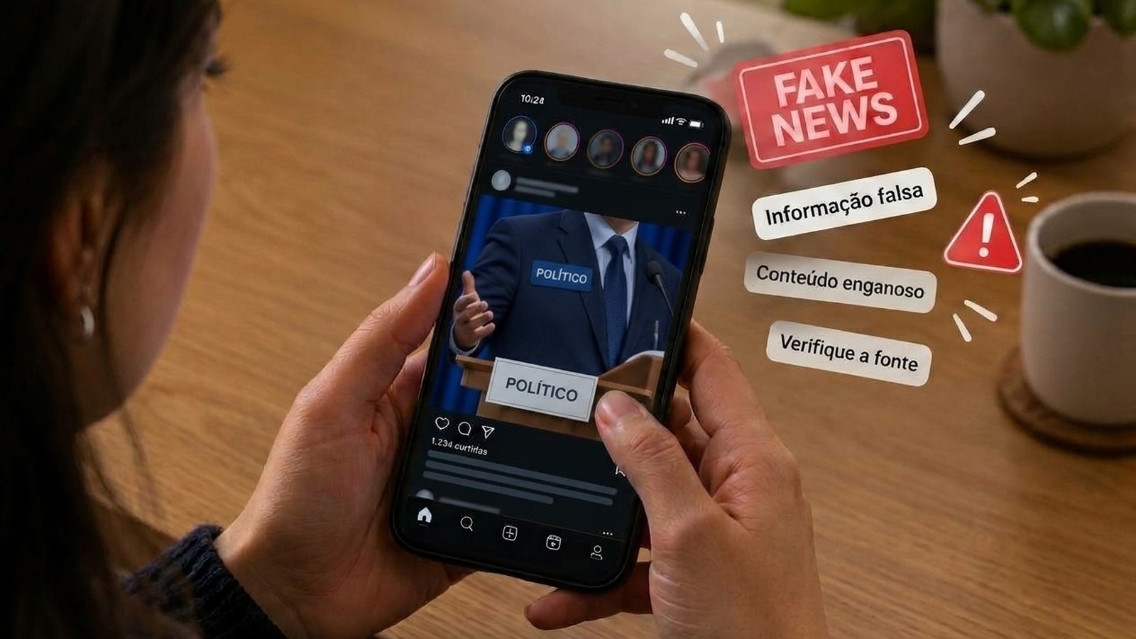 Mãos seguram celular com post de 'POLÍTICO' e alertas 'FAKE NEWS', 'Informação falsa'